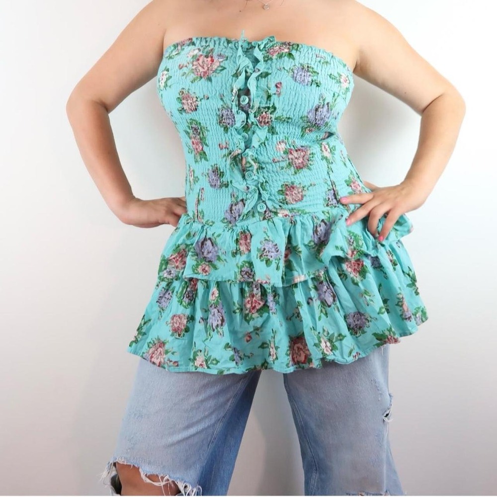 y2k turquoise floral mini dress | strapless floral babydoll dress | 2000s